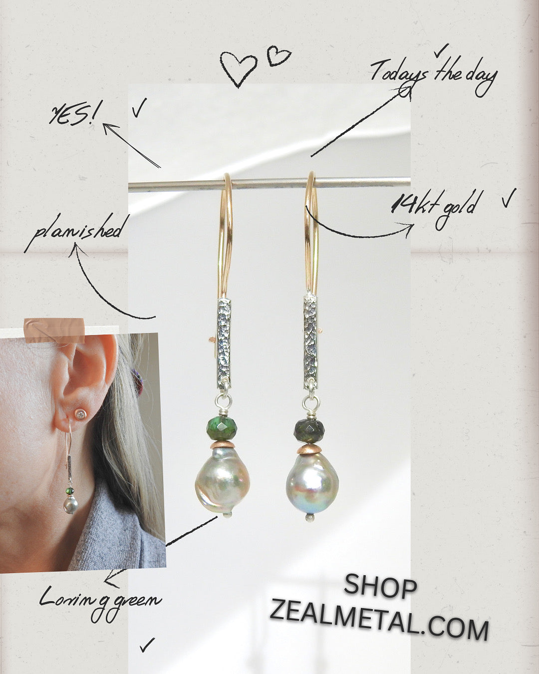 Planished bar hoops with grey baroque pearls and tourmaline