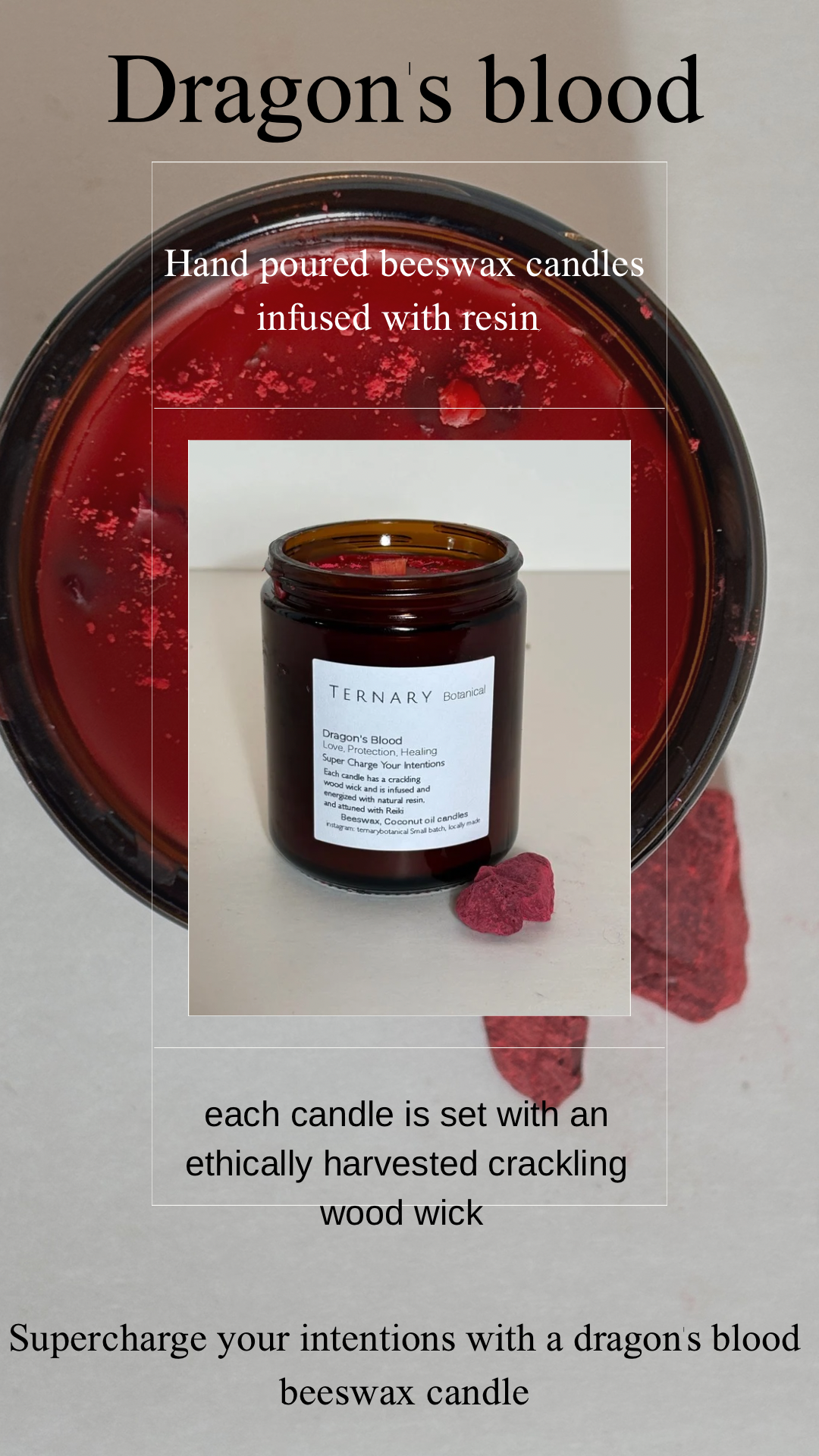 hand poured beeswax candles with crackling wood wicks by Ternary botanicals