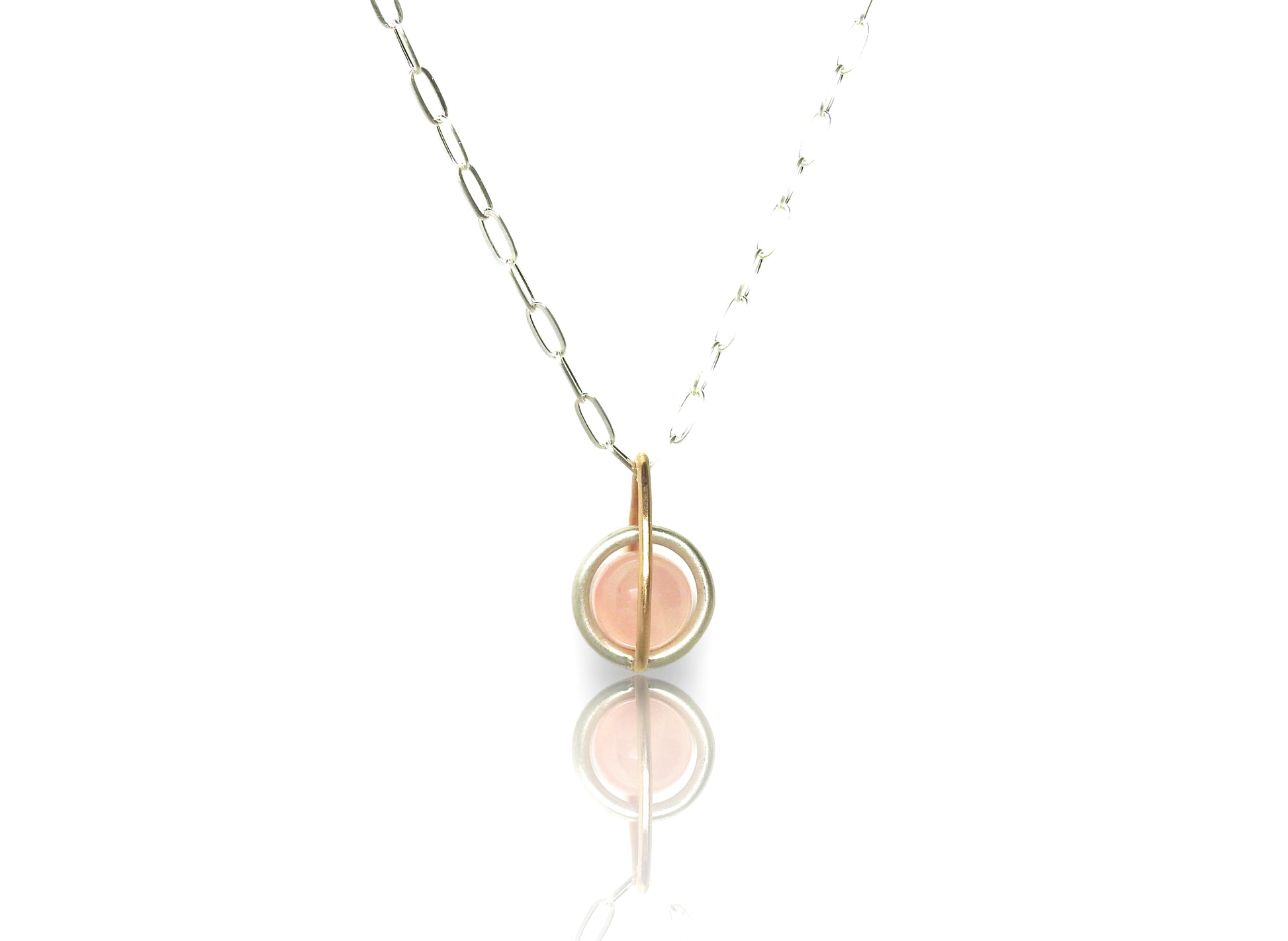 Floating rose quarts sphere pendant with gold drop shape link, sterling silver centre round link gently holding an un-drilled 8.5 mm rose quartz stone, free floating emphasizing space and freedom., by ZEALmetal, Nicole Horlor, in Kingston, ON, Canada