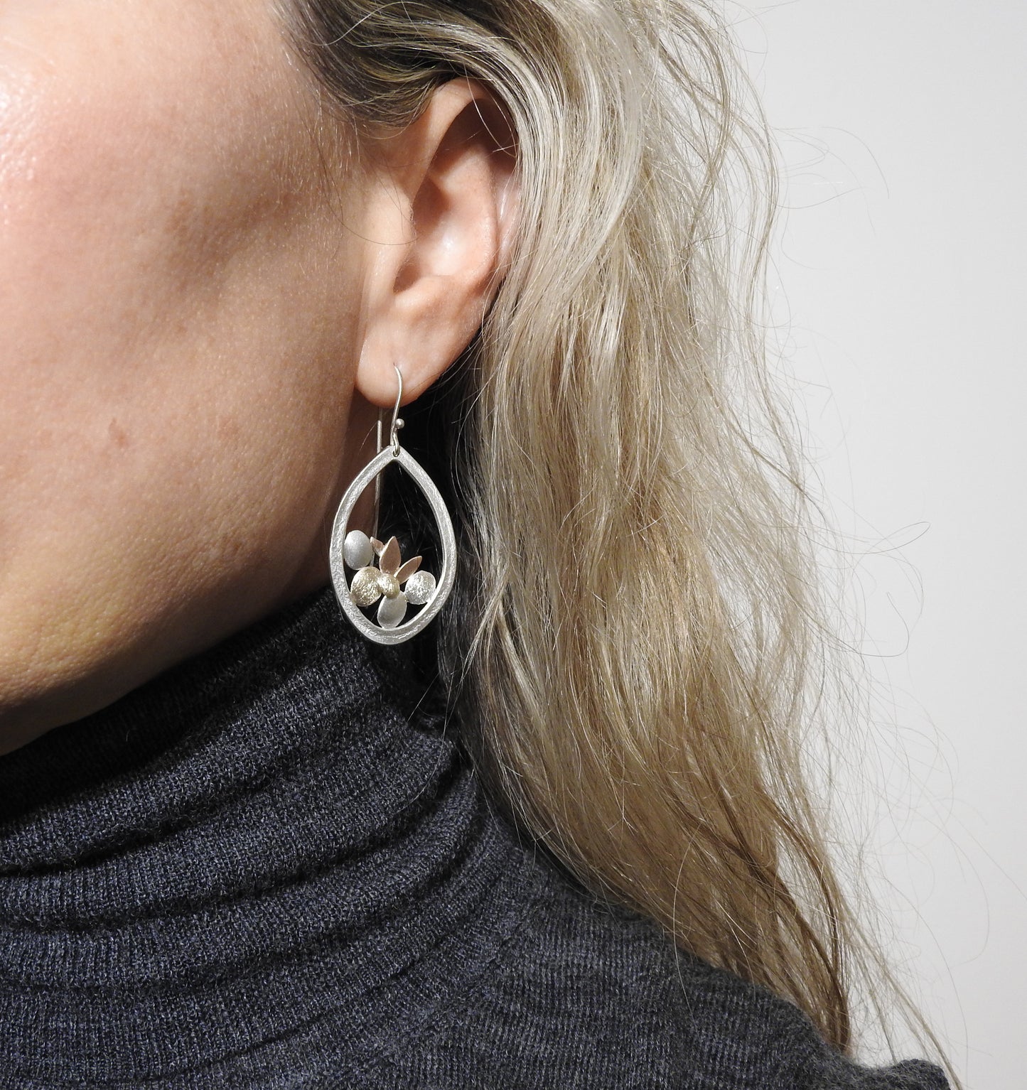 Roller printed marquise frame earrings with two toned pebbles and red gold petals. Organic, simple, fun, everyday! These are hand-fabricated earrings, they are not mass produced cast pieces, each pair is uniquely it's own, and are for those who enjoy uniquely handmade.