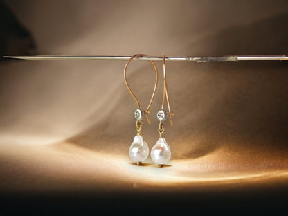 Pebble hoops with round brillant cut diamonds in two tone, with unique baroque pearl drops for added beauty and swing to get those diamonds sparkling!, By ZEALmetal, Nicole Horlor, in Kingston, ON, Canada