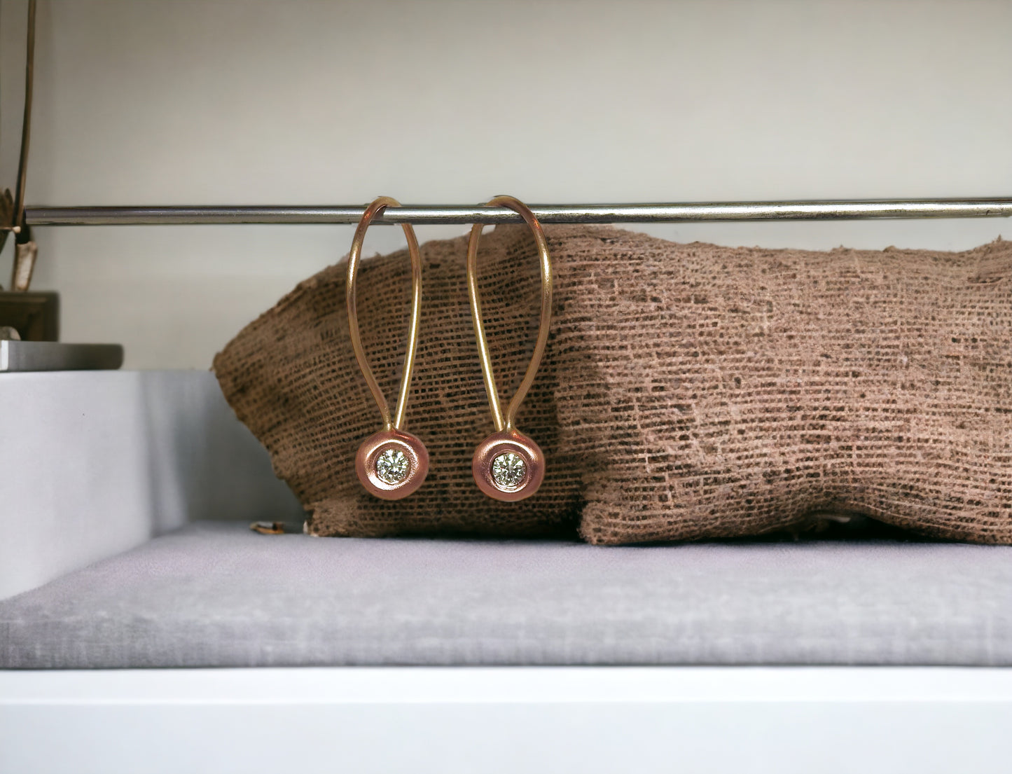 Red and yellow gold pebble hoop earrings with total weight .20 carats, by ZEALmetal, Nicole Horlor, in Kingston, ON, Canada