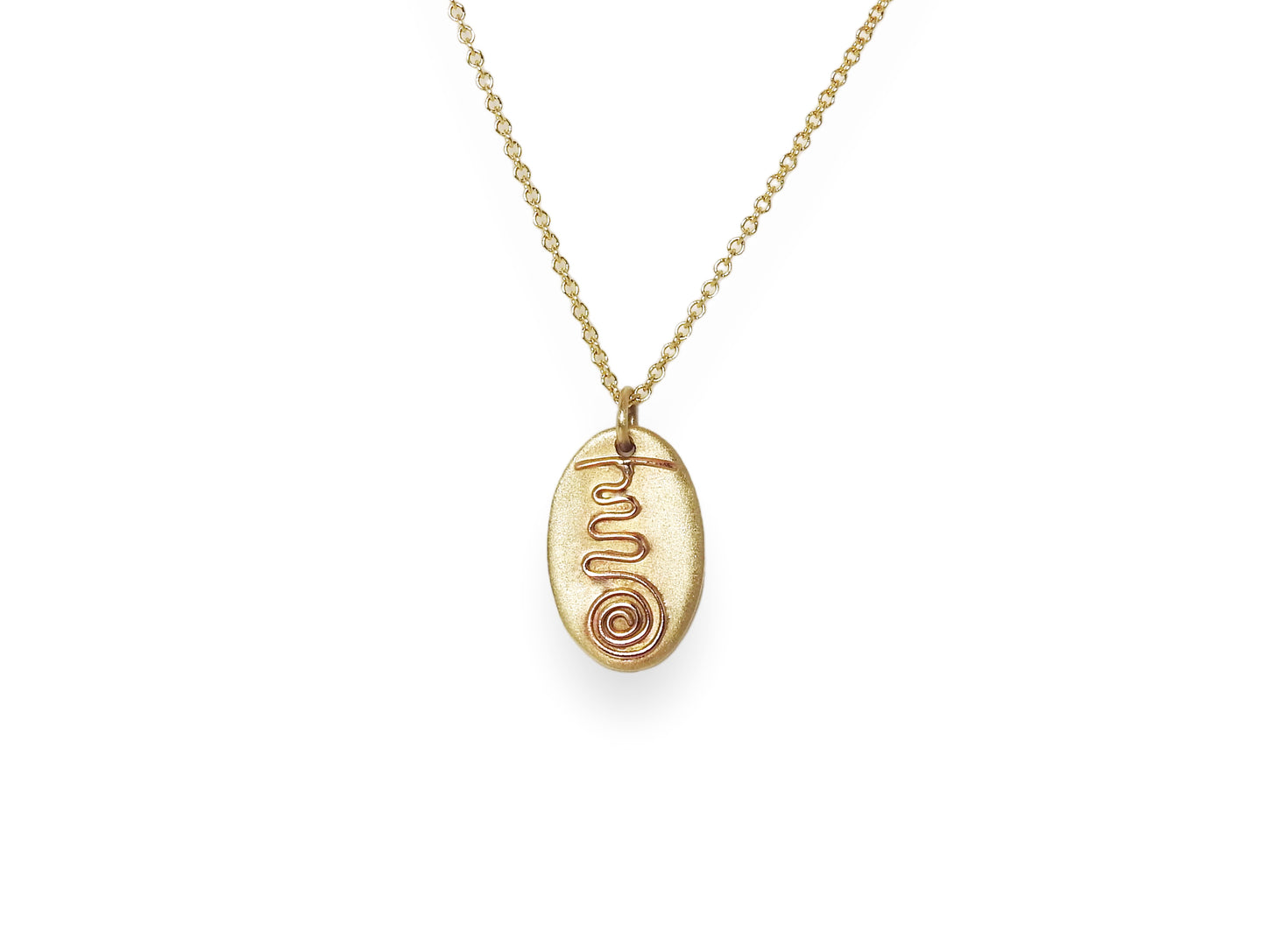 14kt yellow gold pebble pendant with 14kt red gold fire serpent symbol on one side and on the other side is Sei He Ki symbol in yellow gold wire, by ZEALmetal, Nicole Horlor, in Kingston, ON, Canada