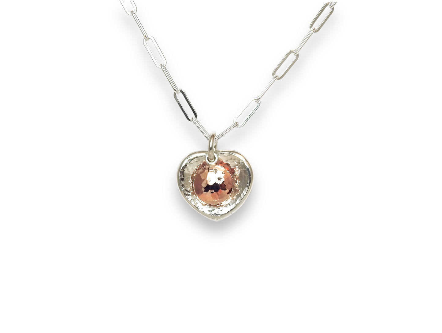 Dazzling sparkling reflective organic pebble heart, with a 14kt rose gold floating planished dome. Resting and glowing in the soften, receptive, valley like heart.   Inspired by the quote shown in the images with the great saint Sri Anandamayi Ma, by ZEALmetal, Nicole Horlor, in Kingston, ON, Canada