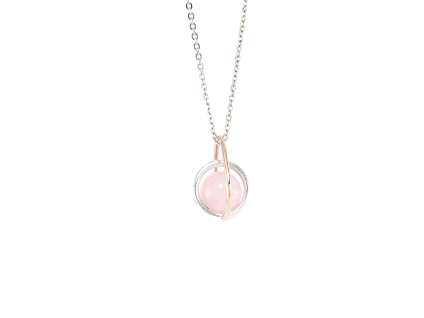 Little wire sculpture pendant with gold drop shape link, sterling silver centre round link gently holding an un-drilled 8.5 mm rose quartz stone, free floating emphasizing space and freedom., by ZEALmetal, Nicole Horlor, in Kingston, ON, Canada