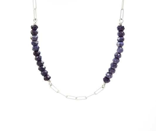 Blue sapphire necklace with paperclip chain, by ZEALmetal, Nicole Horlor, in Kingston, ON, Canada