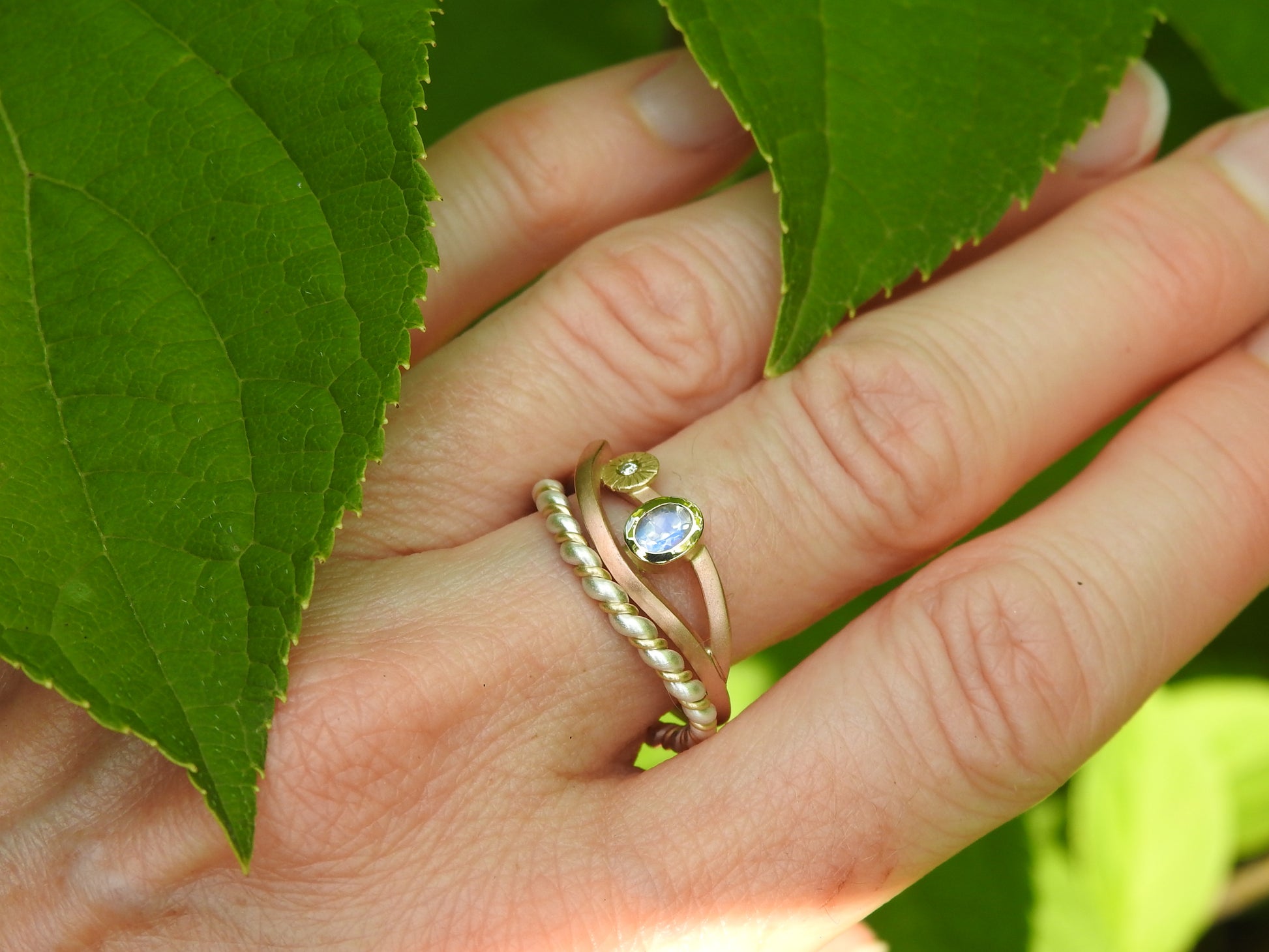 Two tone yellow and white gold twist rings, waved, matte finish, by ZEALmetal, Nicole Horlor, in Kingston, ON, Canada