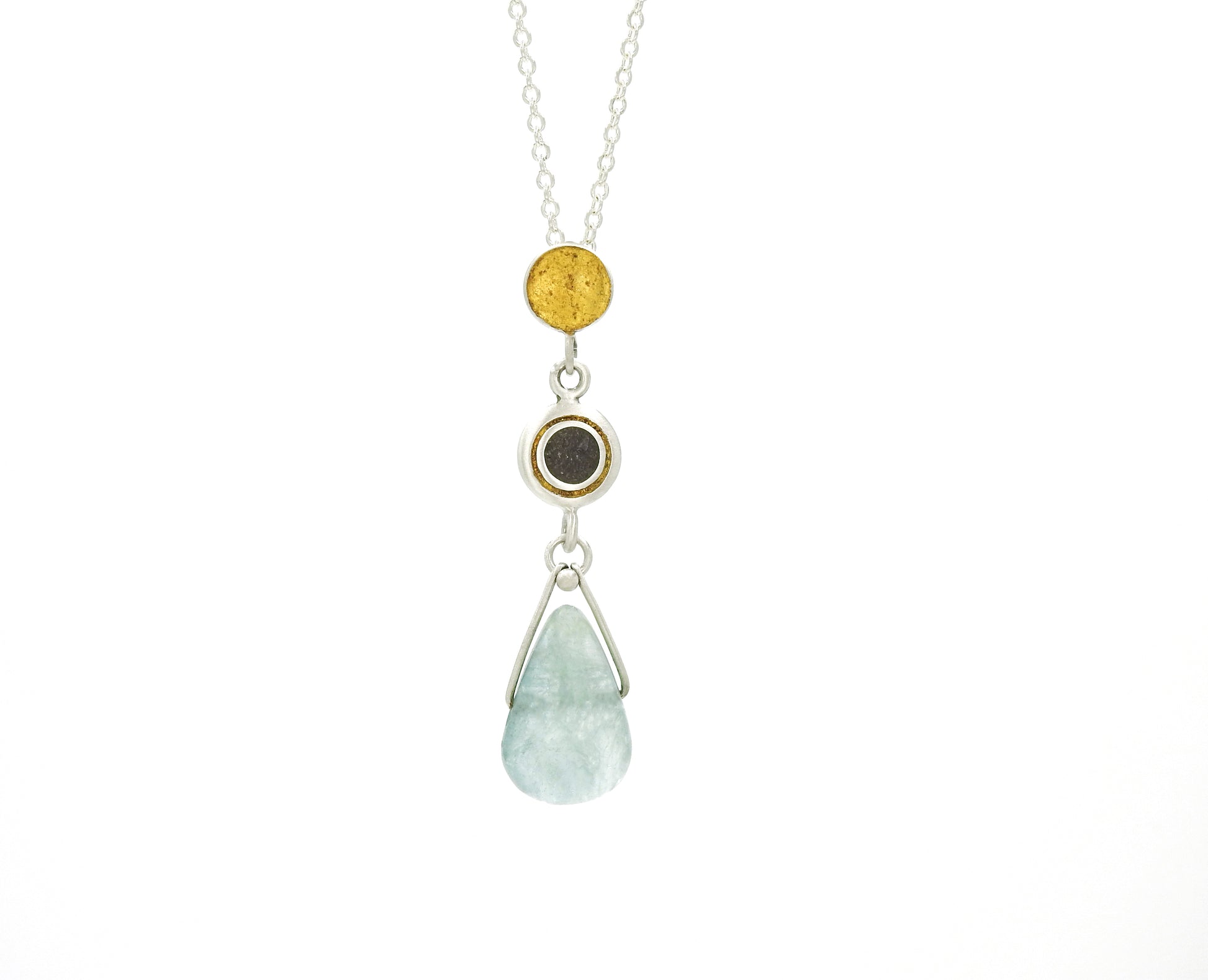 Sterling silver , 23kt gold leaf, limestone inlay, aquamarine, pendant, by ZEALmetal, Nicole Horlor, Kingston, ON, Canada