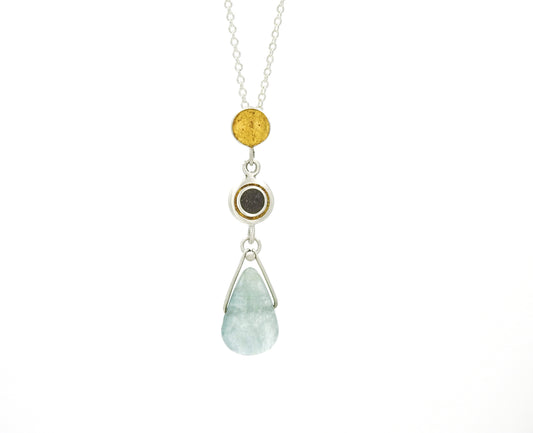 Sterling silver , 23kt gold leaf, limestone inlay, aquamarine, pendant, by ZEALmetal, Nicole Horlor, Kingston, ON, Canada