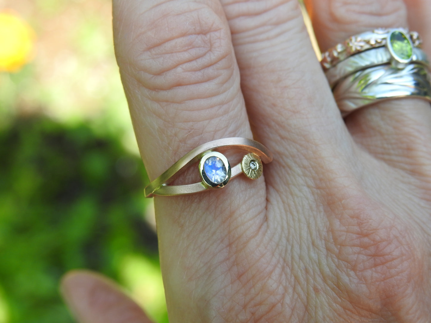 Handmade rose gold ring with moonstone and diamond by ZEALmetal, Nicole Horlor, Kingston ON Canada