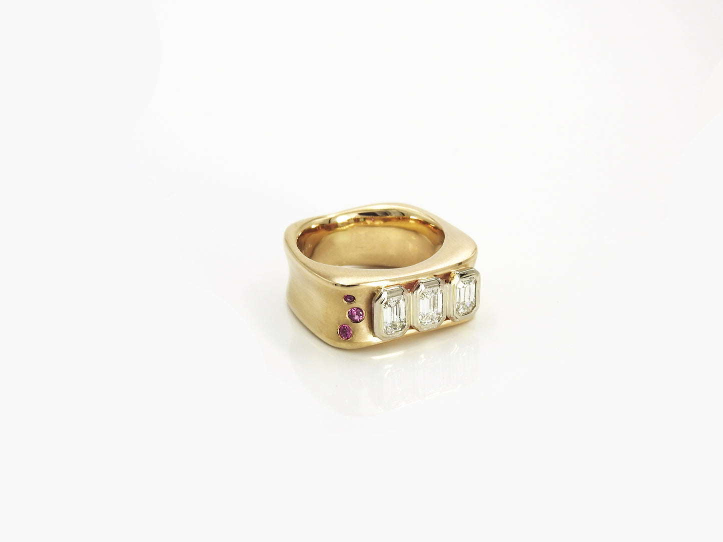 Bespoke ring, Custom ring, Organically you, in 14kt yellow gold, emerald cut diamonds, pink sapphires, by ZEALmetal, Nicole Horlor, in Kingston, ON, Canada