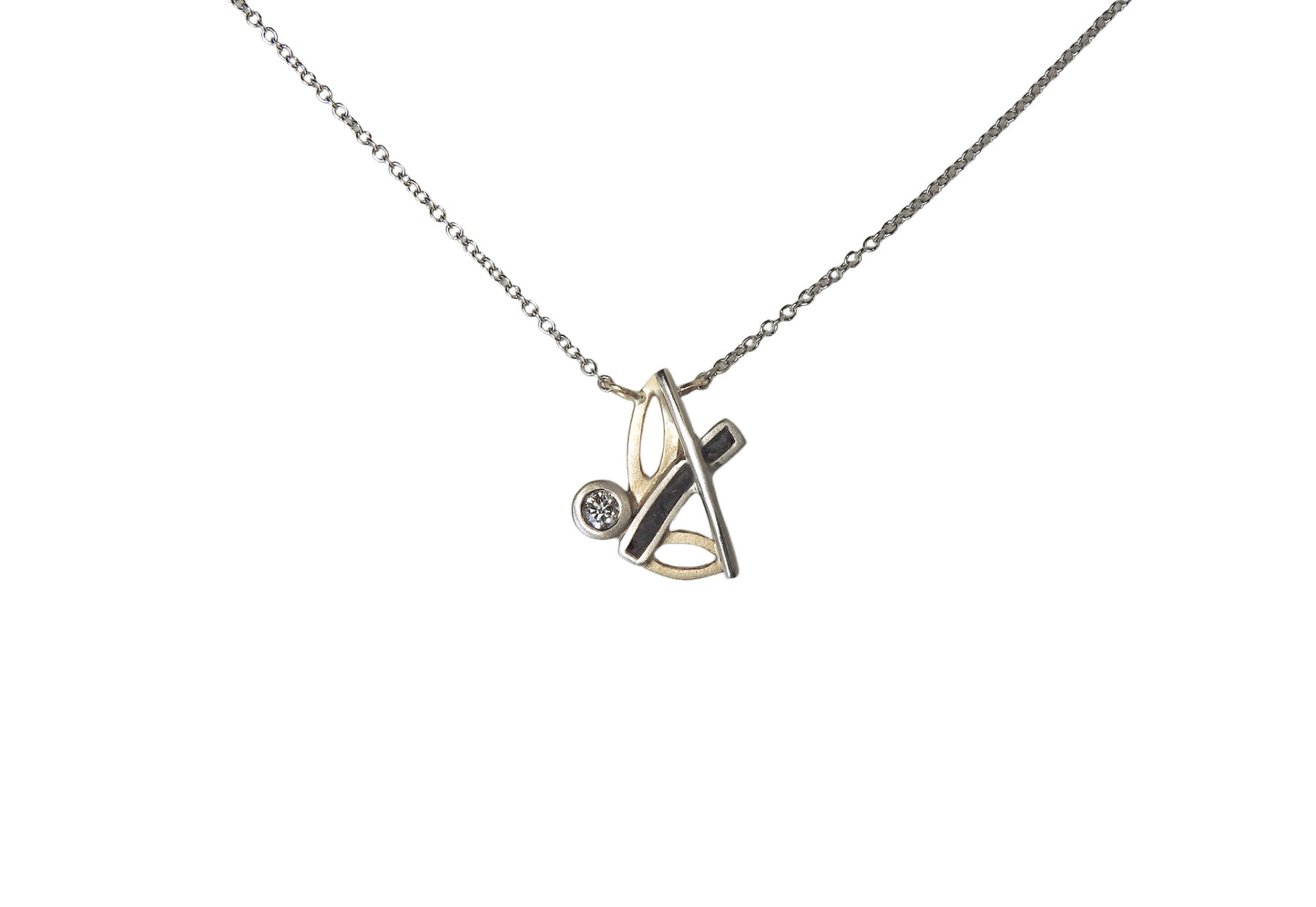 Bespoke 14kt white and yellow gold necklace with limestone inlay and .10 CT CANADAMARK - Hearts & Arrows diamond F+ VS, small 14kt yellow gold heart and arrow tag near clasp.