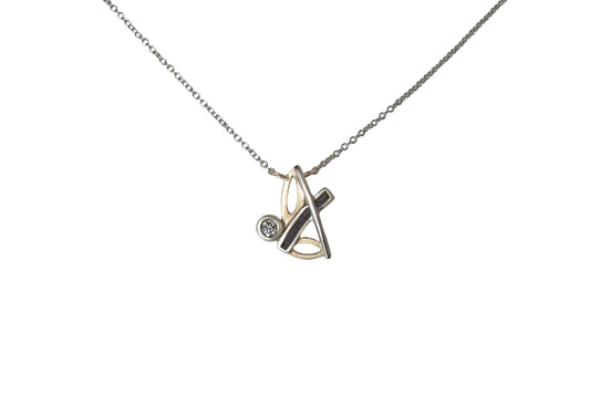 Bespoke 14kt white and yellow gold necklace with limestone inlay and .10 CT CANADAMARK - Hearts & Arrows diamond F+ VS, small 14kt yellow gold heart and arrow tag near clasp.