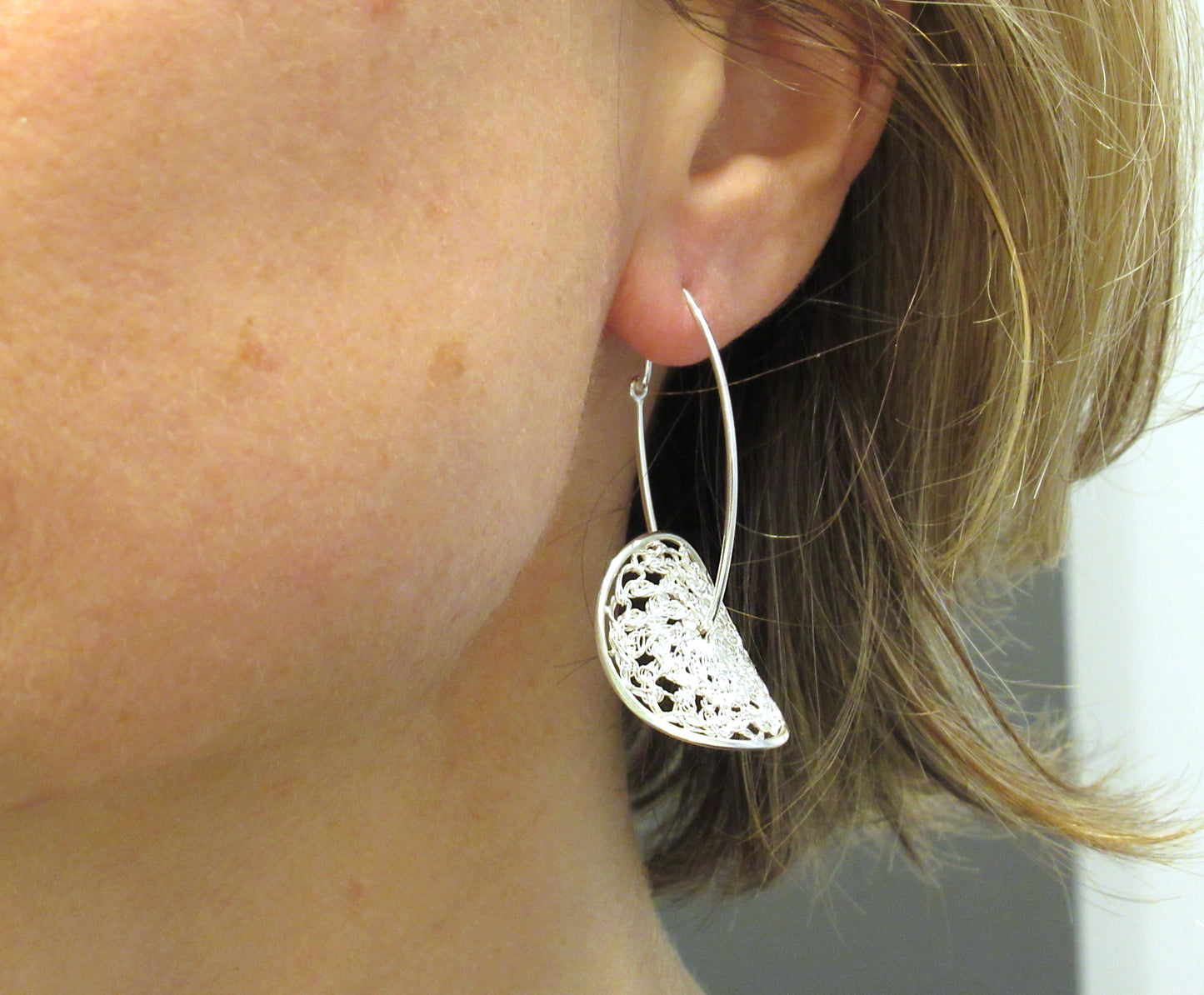 Crochet disc ~ Marquise hoops Sterling silver and fine silver crochet discs framed in sterling silver and gently floating on marquise hoops. Light, flowing textile beauty Canadian handmade in Kingston ON