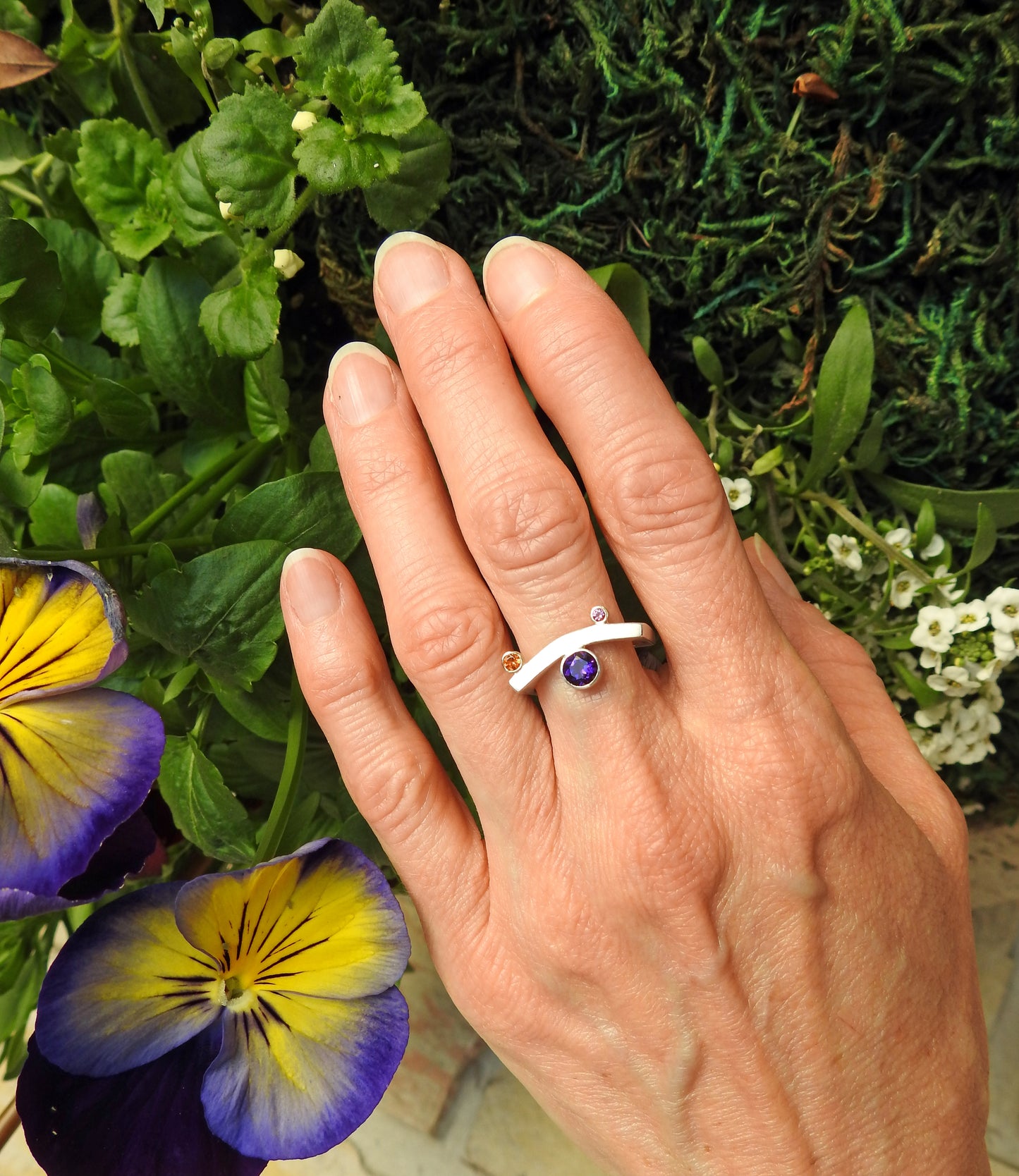 Square band outside round inside with a soft curve, bezel set gems floating on either side of the ring.  Great for stacking or on its own., by ZEALmetal, Nicole Horlor, in Kingston, ON, Canada