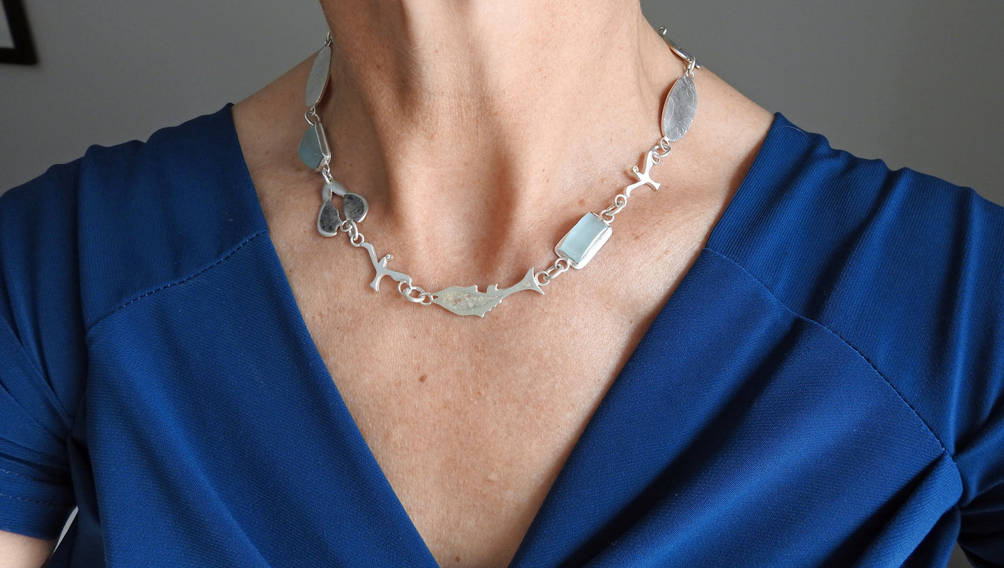 Bespoke necklace with aquamarine, limestone inlay, Israel stone inlay, CANADAMARK Hearts & Arrows diamonds, by ZEALmetal, Nicole Horlor, in Kingston, ON Canada