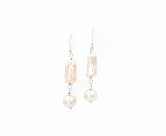 Elongated baroque cultured pearls tied with sterling silver wire, with 8.5mm round natural soft pink pearl drops, on sterling silver Shepard hooks. By ZEALmetal, Nicole Horlor, Kingston, ON, Canada
