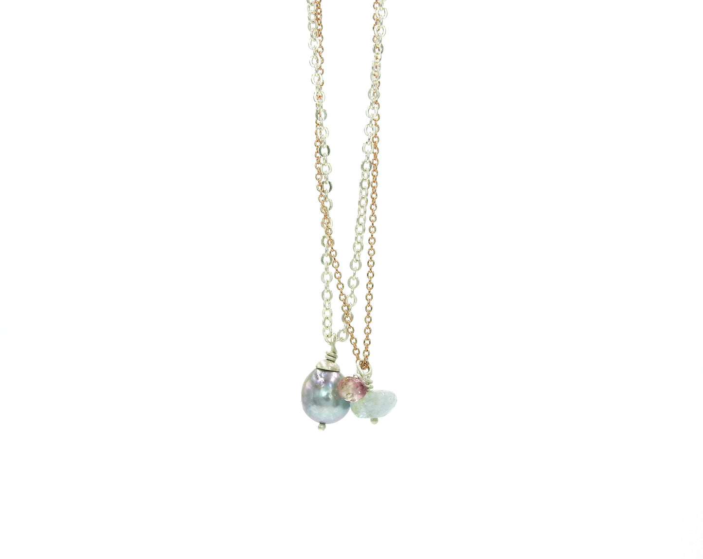 Gemstone Necklace, baroque pearls, sunstone, aquamarine, by ZEALmetal, Nicole Horlor, Kingston ON Canada