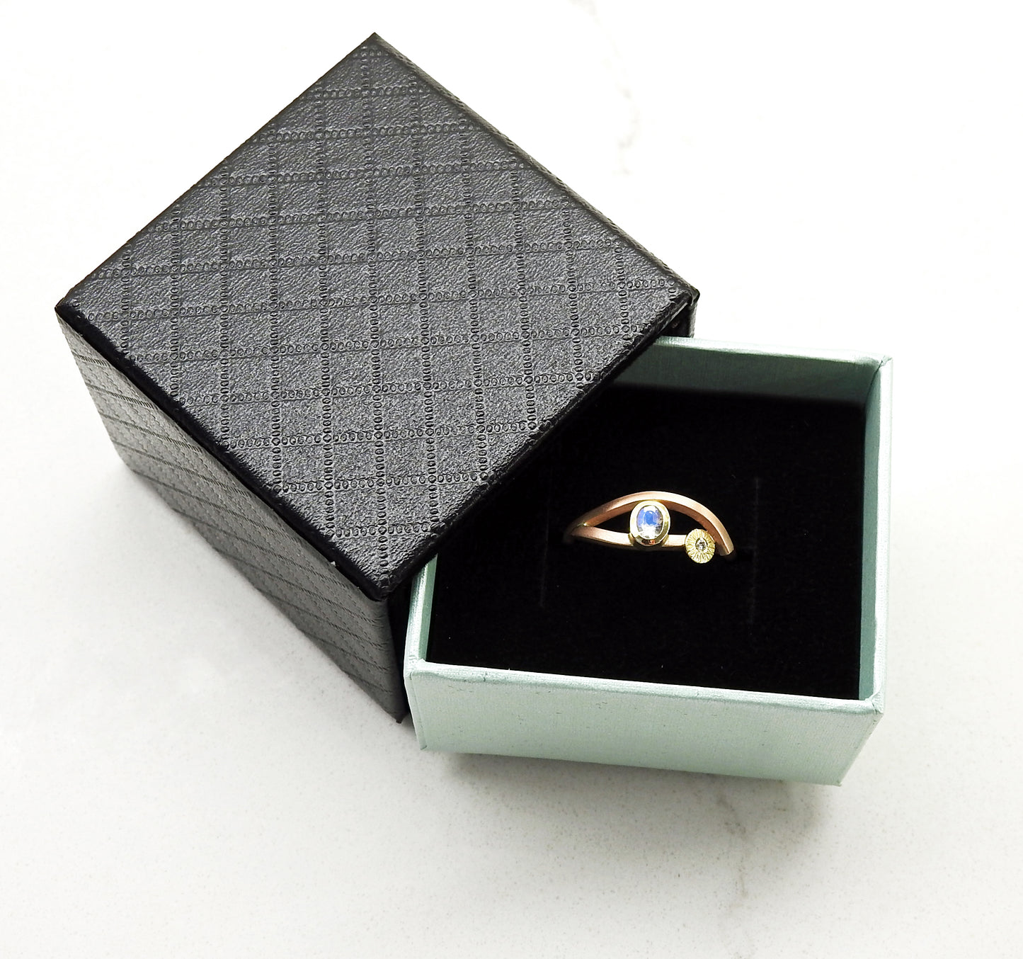 Handmade rose gold ring with moonstone and diamond by ZEALmetal, Nicole Horlor, Kingston ON Canada
