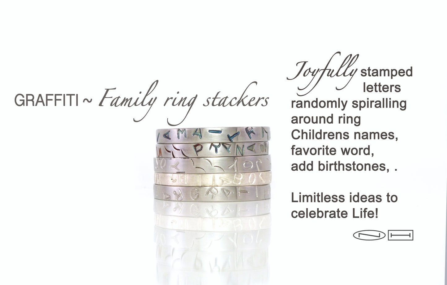 Graffiti stacker rings made from 100% recycled silver and gold, by ZEALmetal, Nicole Horlor, in Kingston, ON, Canada