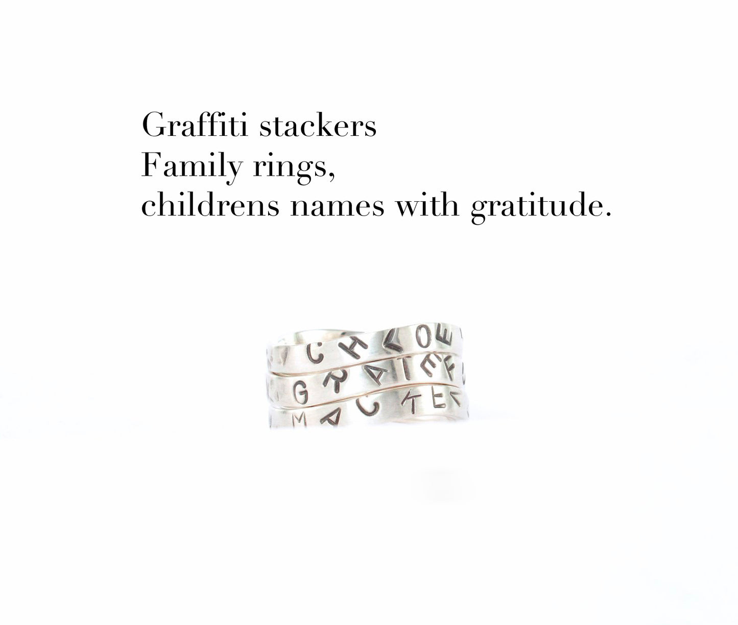 Graffiti stacker rings made from 100% recycled silver and gold, by ZEALmetal, Nicole Horlor, in Kingston, ON, Canada