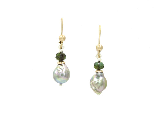 Grey baroque pearl earrings with green tourmaline and 14kt yellow gold lever backs, made by ZEALmetal, Nicole Horlor, Kingston, ON, Canada