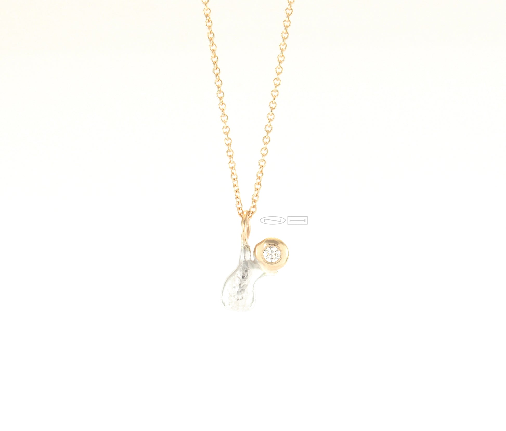 Canadian handmade by ZEALmetal in Kingston ONJoy ~ 14kt yellow gold, sterling silver, with 5pt round brilliant cut diamond. On a 14kt yellow gold 16" cable chain. Joy is a free spirit with a clear view...