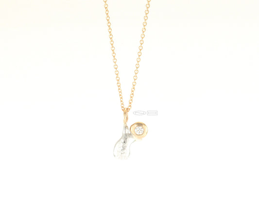 Canadian handmade by ZEALmetal in Kingston ONJoy ~ 14kt yellow gold, sterling silver, with 5pt round brilliant cut diamond. On a 14kt yellow gold 16" cable chain. Joy is a free spirit with a clear view...