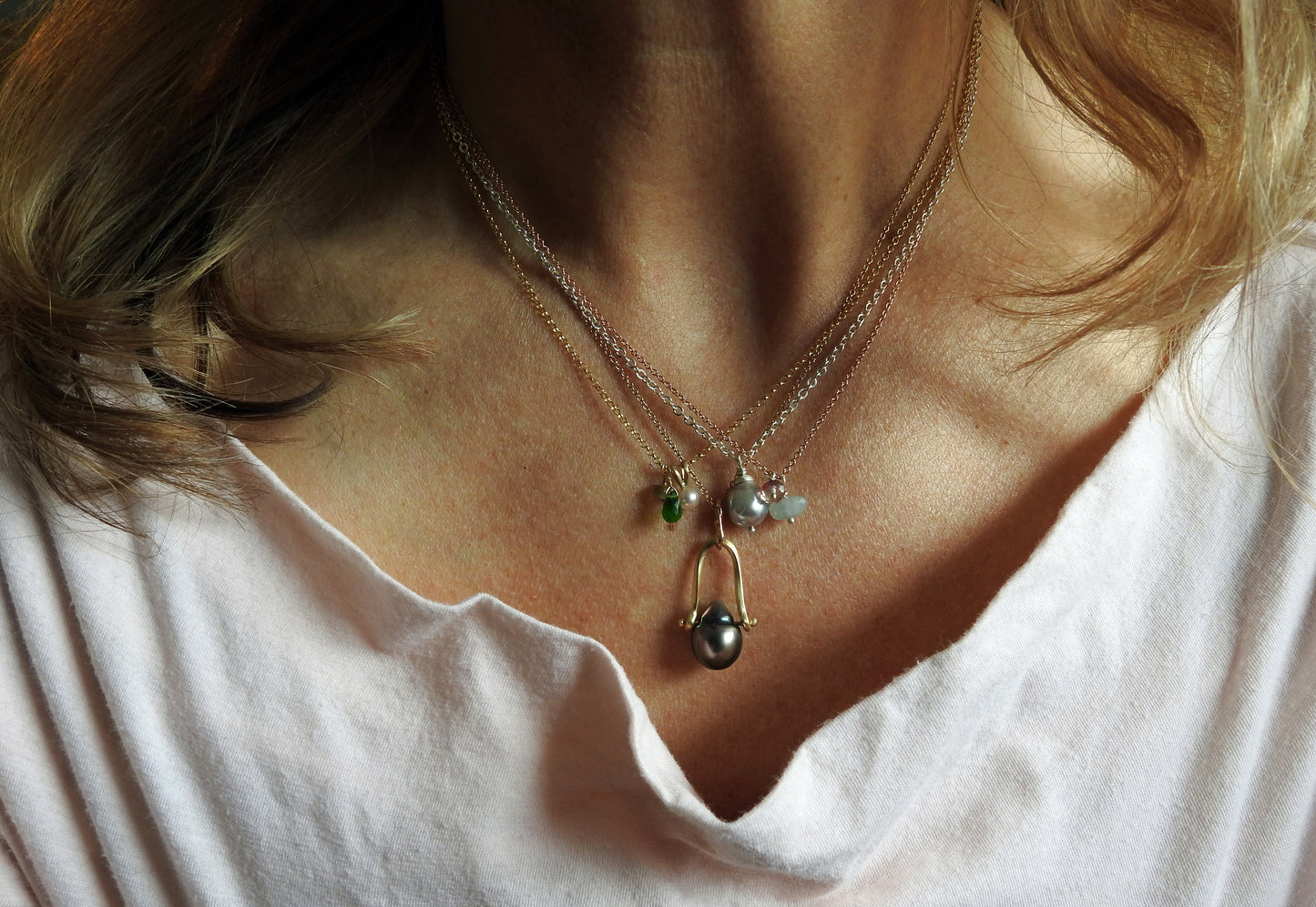 Gemstone Necklace, baroque pearls, sunstone, aquamarine Tourmaline,, by ZEALmetal, Nicole Horlor, Kingston ON Canada