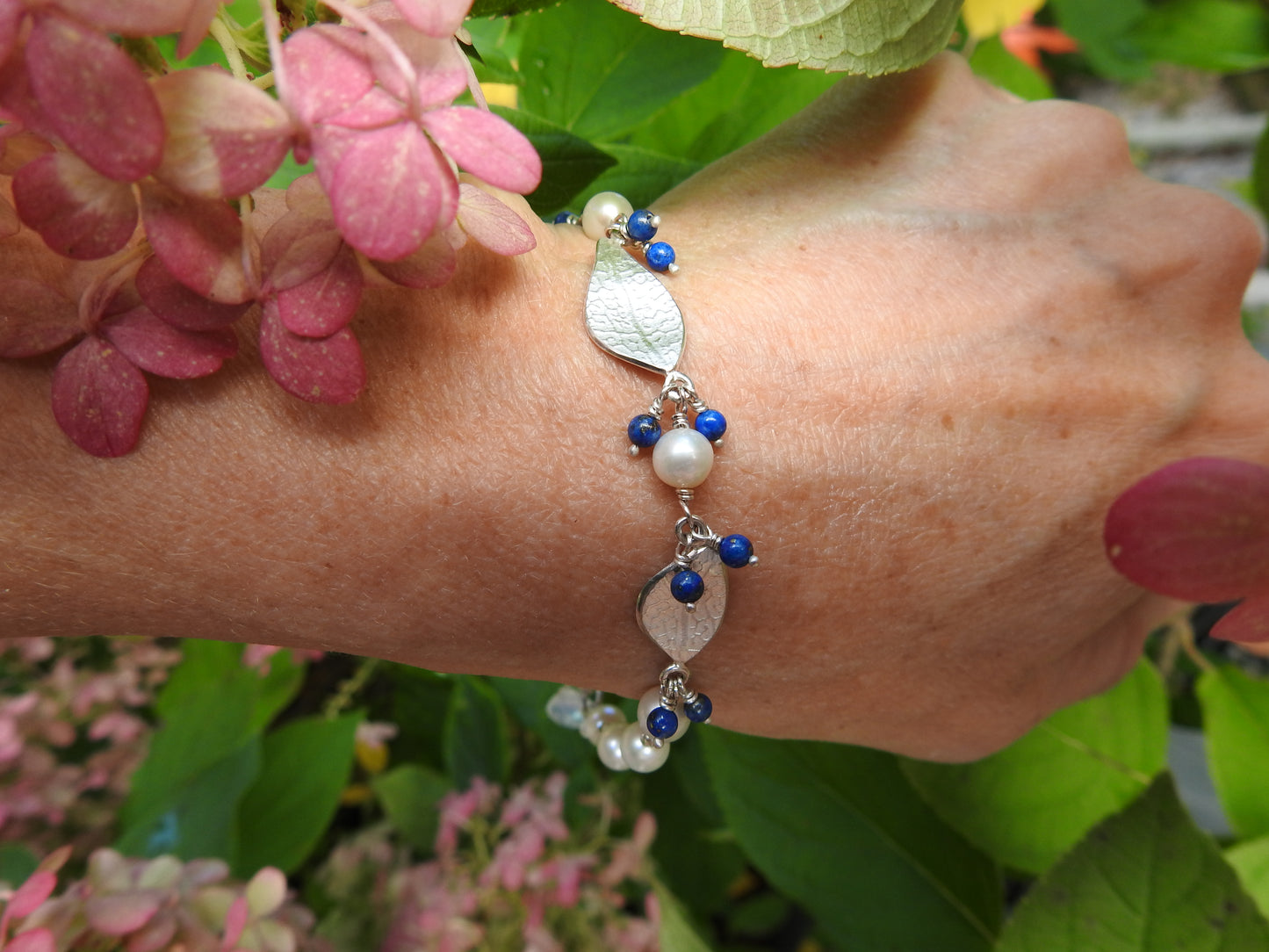 Leaf, lapis, pearl and moonstone