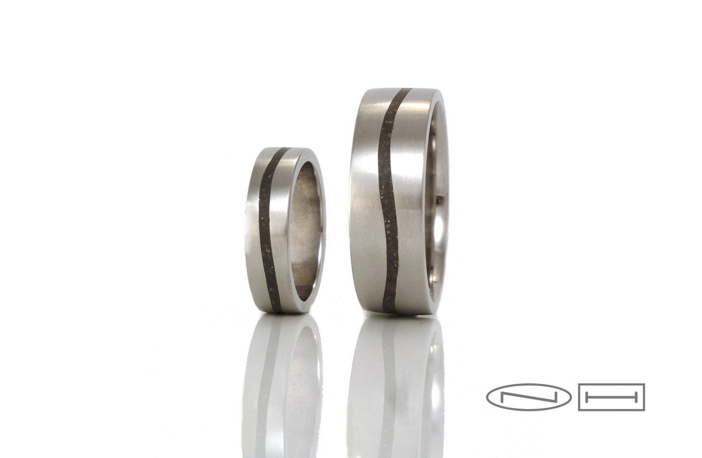 Custom limestone inlay wedding bands by ZEALmetal, Nicole Horlor, Kingston, ON, Canada
