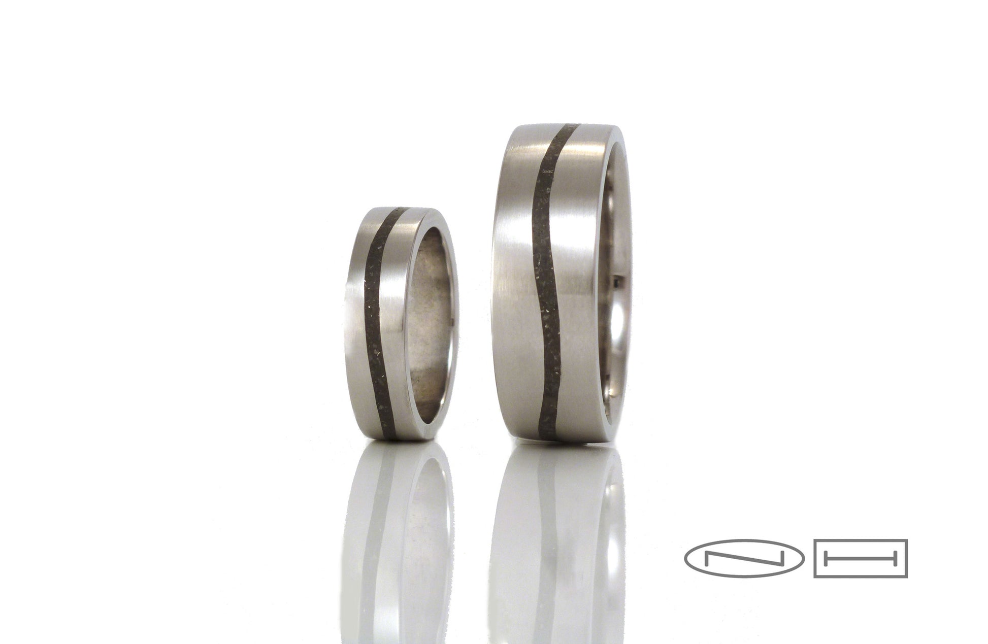 Custom limestone inlay wedding bands by ZEALmetal, Nicole Horlor, Kingston, ON, Canada