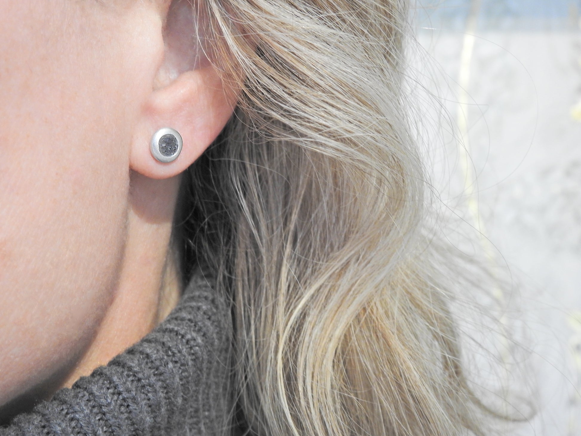 Limestone inlay studs by ZEALmetal, Nicole Horlor, in Kingston, ON, Canada