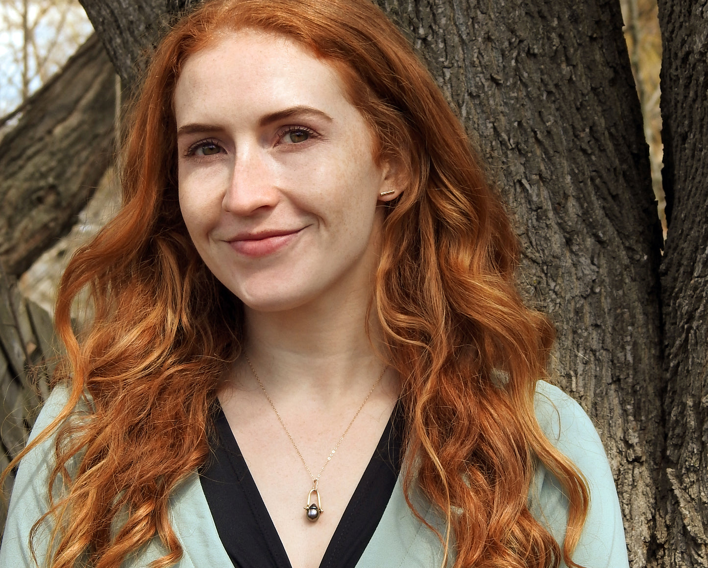 Unique handcrafted 18kt yellow and red gold bale with baroque Tahitian pearl drop on 16" 14kt yellow gold cable chain, by ZEALmetal, Nicole Horlor, in Kingston, ON Canada