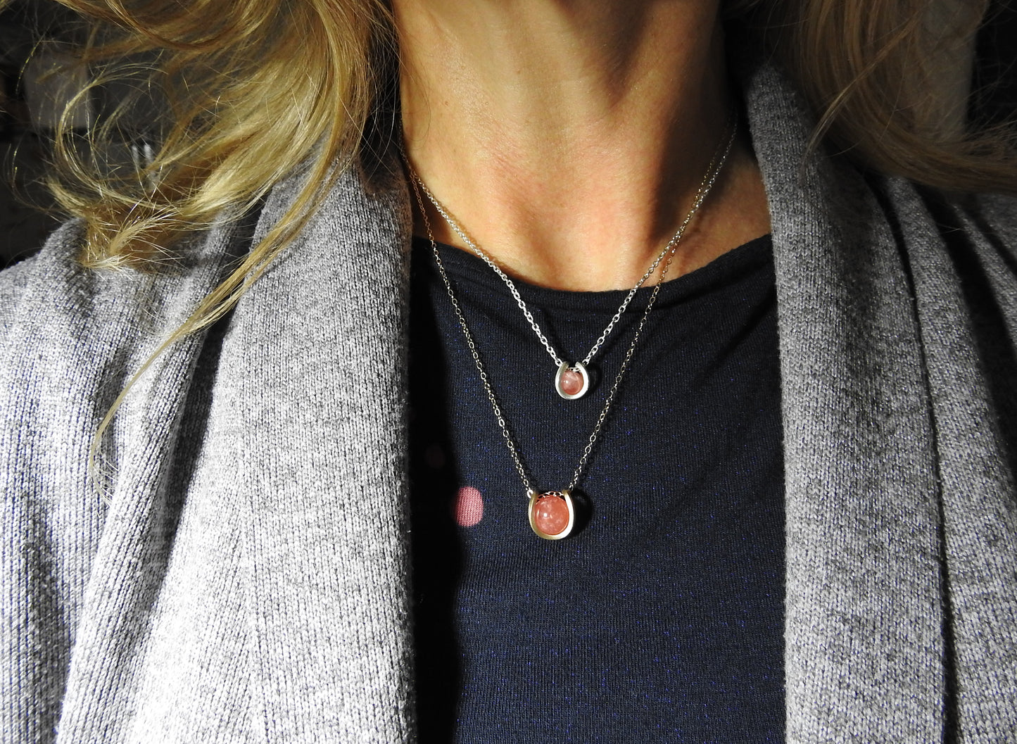 14kt gold magnet necklace with Rhodocrosite sphere by ZEALmetal, Nicole Horlor, in Kingston, ON Canada