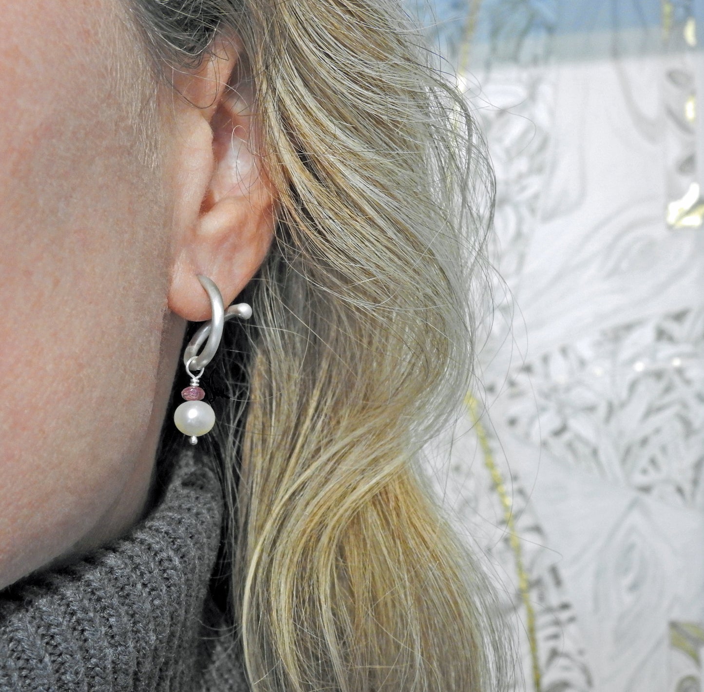 B E hoops with Pearl and pink