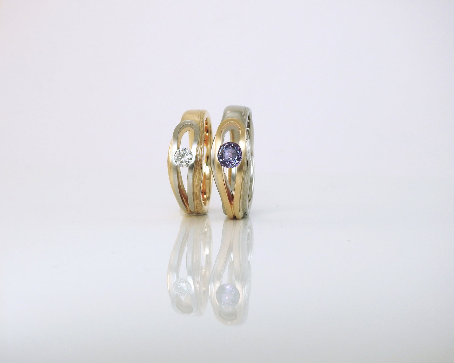 Custom two tone, yellow and white gold rings with diamond and sapphire by ZEALmetal, Nicole Horlor, in Kingston ON Canada