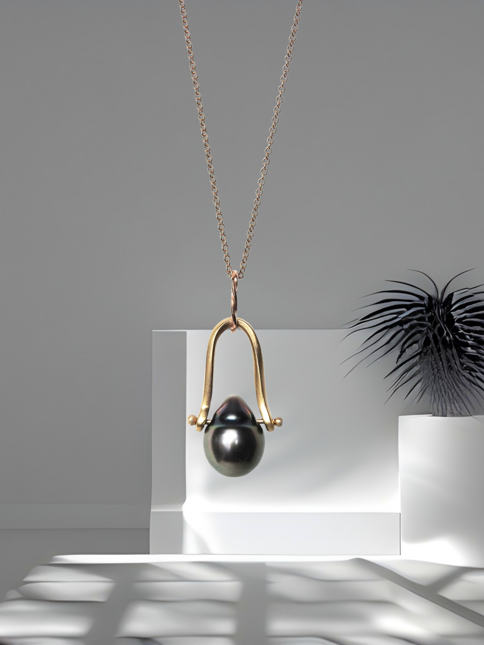 Unique handcrafted 18kt yellow and red gold bale with baroque Tahitian pearl drop on 16" 14kt yellow gold cable chain, by ZEALmetal, Nicole Horlor, in Kingston, ON Canada