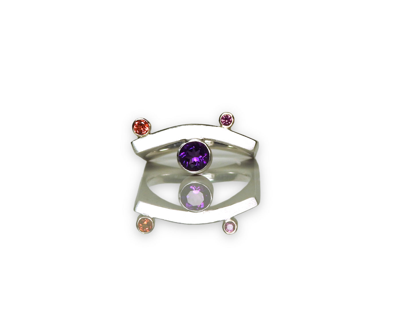 Square band outside round inside with a soft curve, bezel set gems floating on either side of the ring. Great for stacking or on its own., by ZEALmetal, Nicole Horlor, in Kingston, ON, Canada