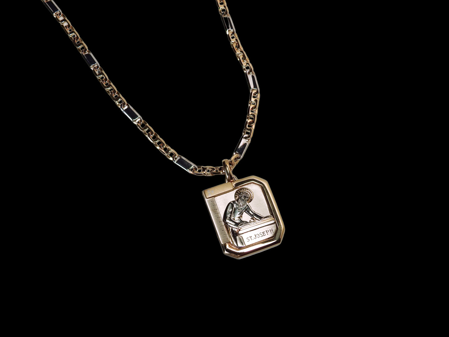 Custom 18kt yellow and white gold St. Joseph pendant with 18kt two tone yellow and white gold chain, by ZEALmetal, Nicole Horlor, in Kingston, ON, Canada