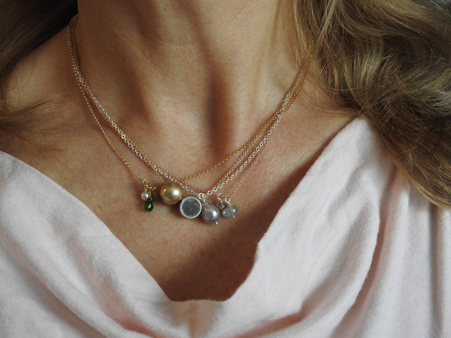 Gemstone Necklace, baroque pearls, sunstone, aquamarine Tourmaline,, by ZEALmetal, Nicole Horlor, Kingston ON Canada