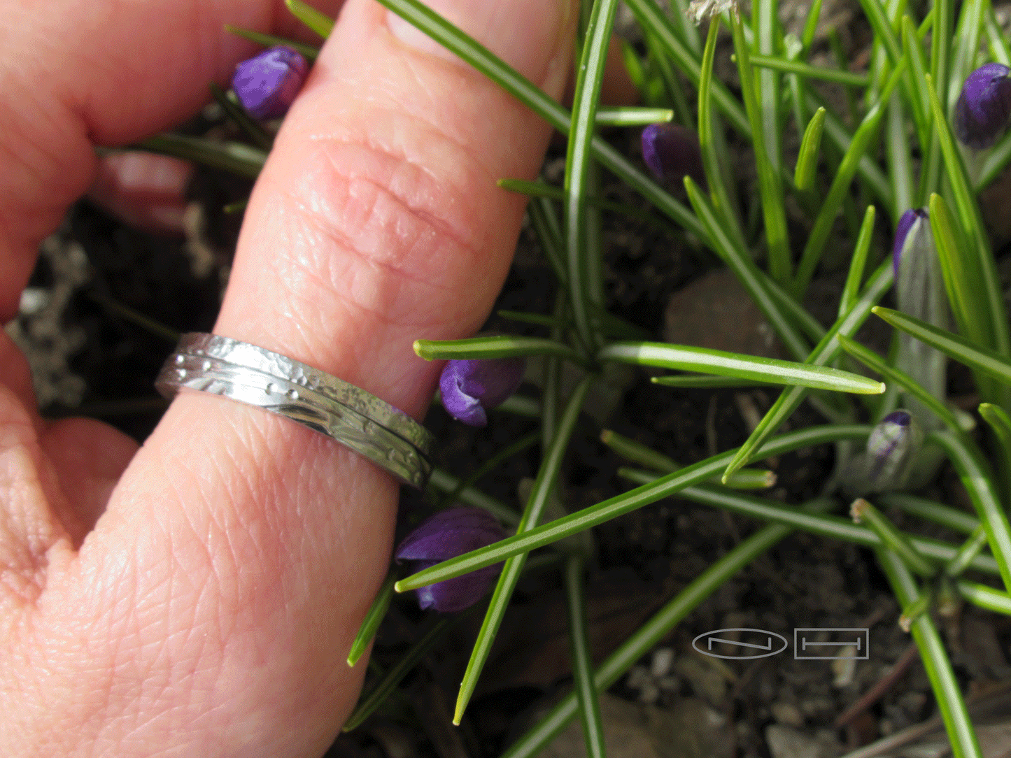 Leaf and vine soft shaped square ring or round with carved vines and stamped leaves, 2.5 m/m width  Available in sterling silver, 18kt or 14kt Gold, and platinum by ZEALmetal, Nicole Horlor, in Kingston, ON Canada