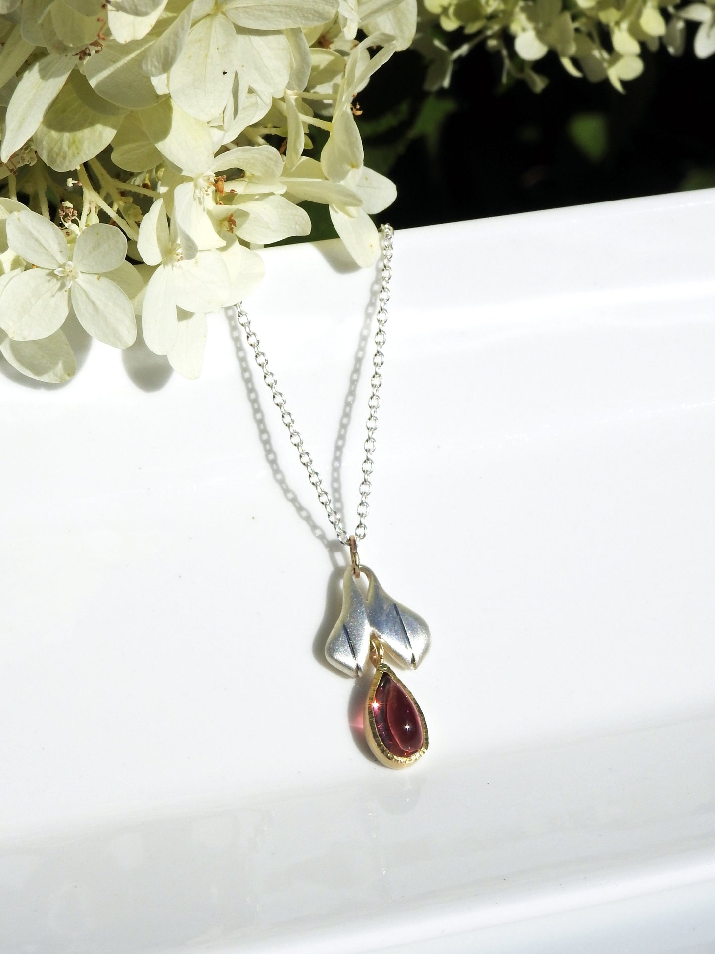 Tourmaline drop cab stone pendant in yellow gold and sterling silver, by ZEALmetal, Nicole Horlor, in Kingston, ON, Canada