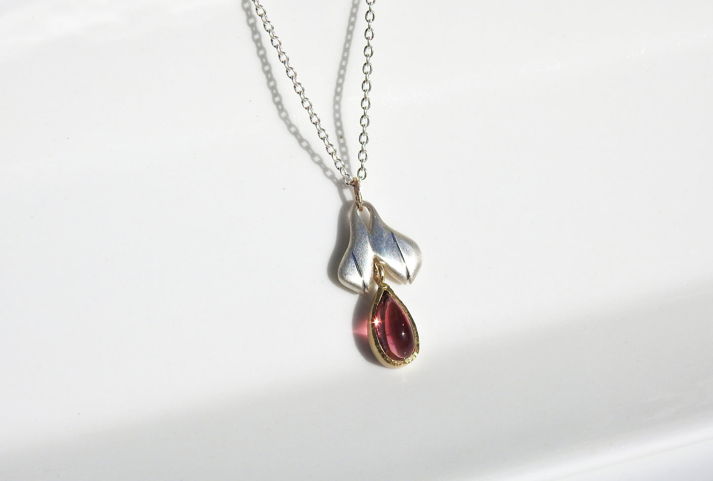 Tourmaline drop cab stone pendant in yellow gold and sterling silver, by ZEALmetal, Nicole Horlor, in Kingston, ON, Canada