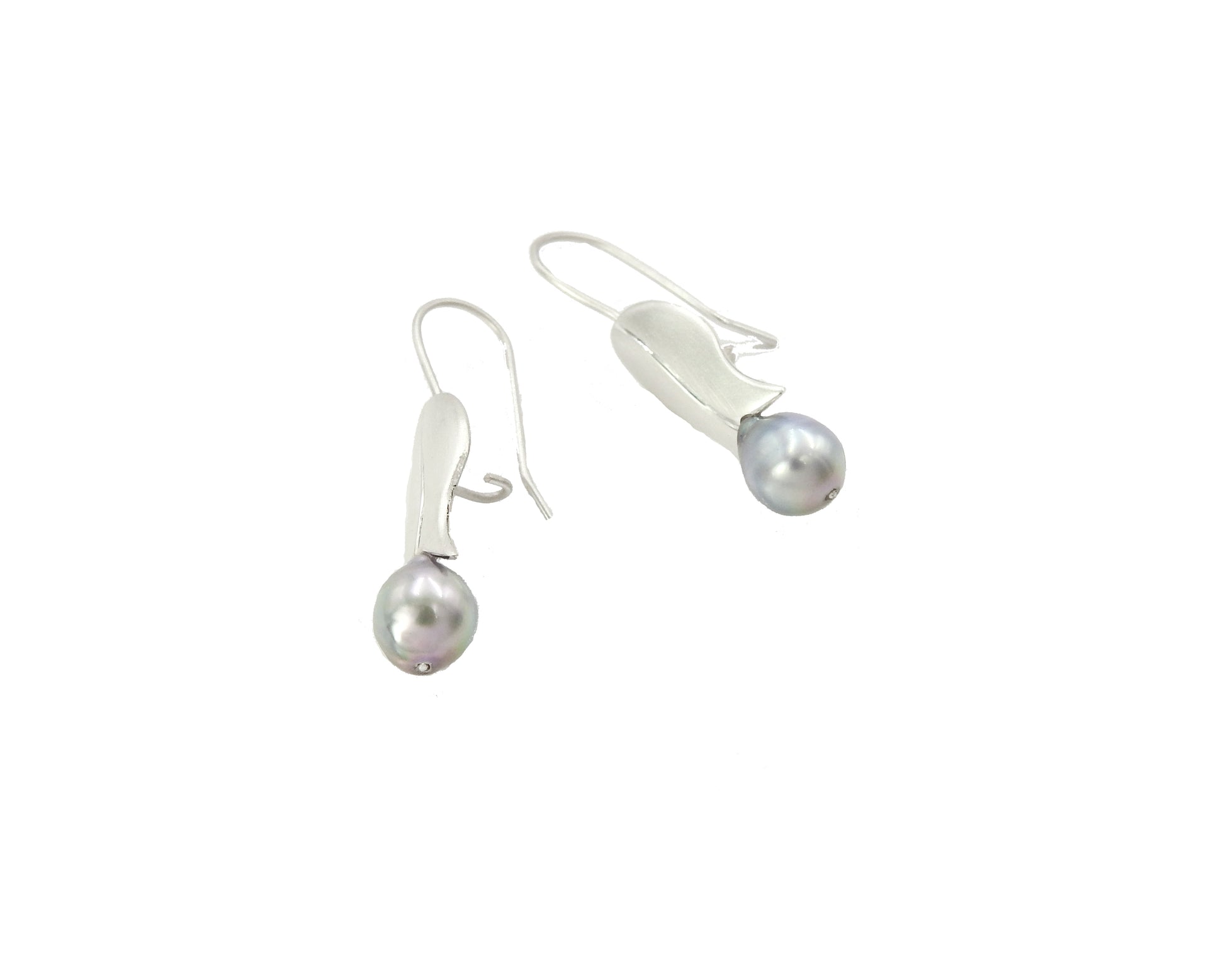 Sterling silver tulip earring with baroque Tahitian grey pearl drop, By ZEALmetal, Nicole Horlor, in Kingston, ON, Canada
