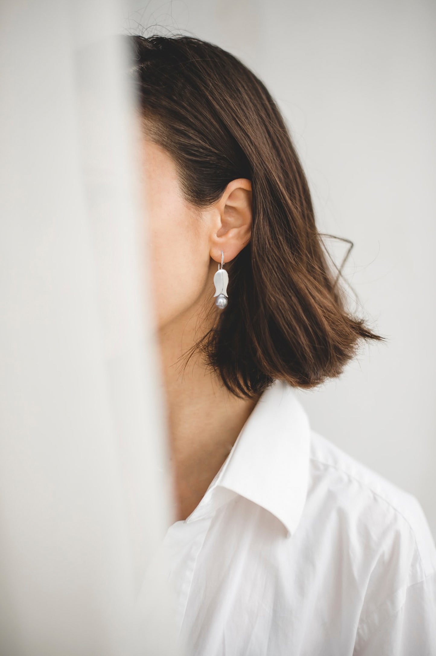 Sterling silver tulip earring with baroque Tahitian grey pearl drop, By ZEALmetal, Nicole Horlor, in Kingston, ON, Canada