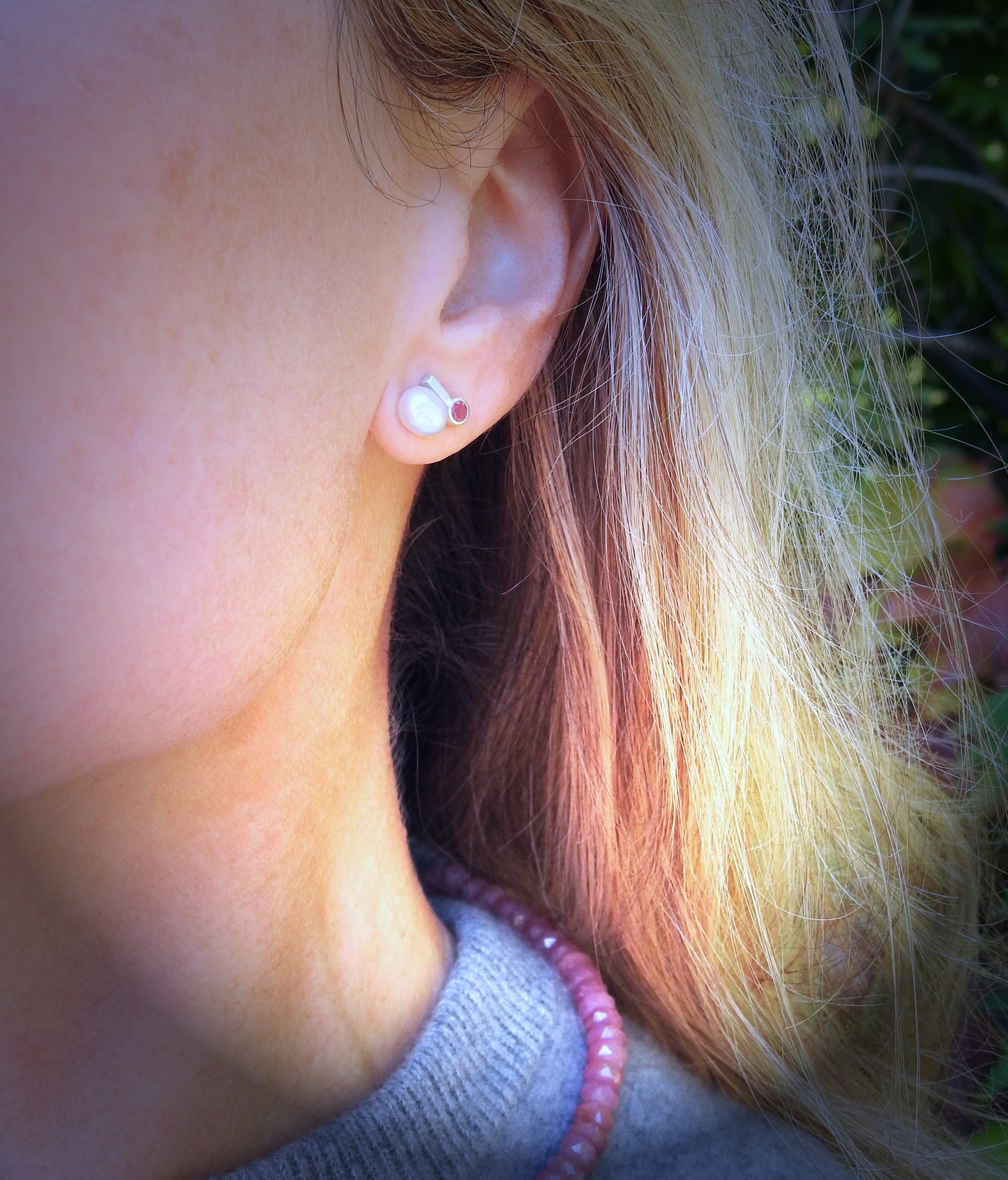 Unique keshi pearl and ruby earrings by ZEALmetal, Nicole Horlor, Kingston, ON, Canada