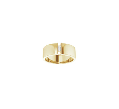 Bold and elegant, 8mm width Faux tension in 14kt yellow gold, with 4x2, 1/8ct straight baguette diamond, by ZEALmetal, Nicole Horlor, in Kingston, ON, Canada