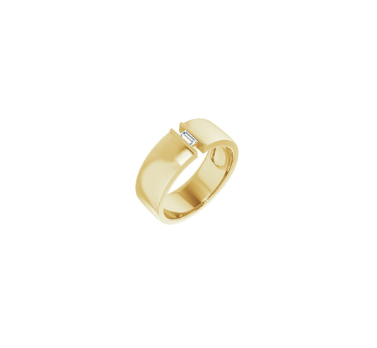 Bold and elegant, 8mm width Faux tension in 14kt yellow gold, with 4x2, 1/8ct straight baguette diamond, by ZEALmetal, Nicole Horlor, in Kingston, ON, Canada