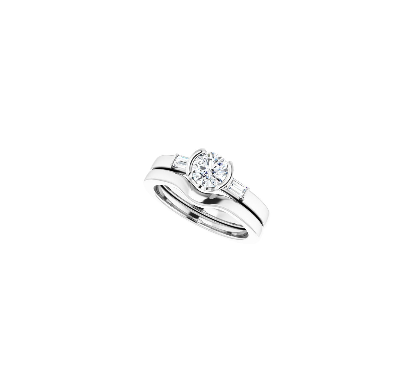 .70 F VS1 3 X EX round brilliant cut diamond with 3 x 2mm straight baguette diamonds VS GH White gold partial bezel ring with baguette side stones 6mm band size 7